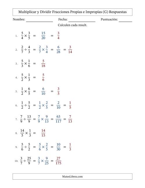 La hoja de ejercicios de Multiplicar y dividir fracciones propias e impropias y con alguna simplificación (Rellenable) (G) Página 2