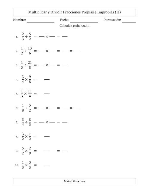 La hoja de ejercicios de Multiplicar y dividir fracciones propias e impropias y con alguna simplificación (Rellenable) (H)