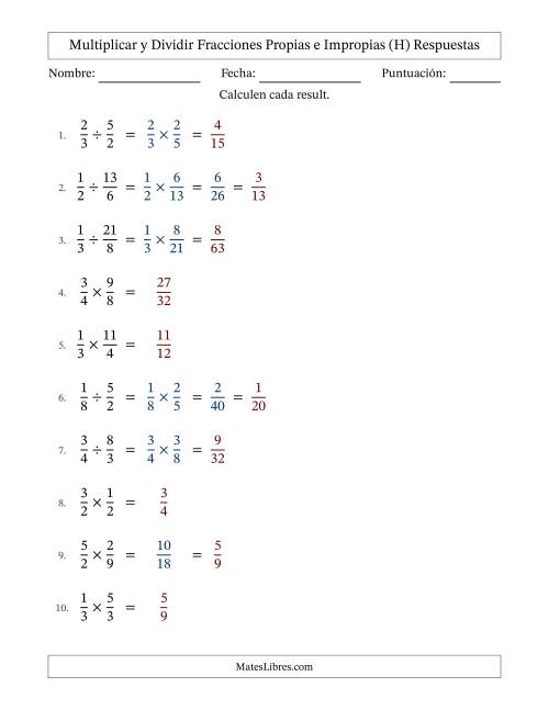 La hoja de ejercicios de Multiplicar y dividir fracciones propias e impropias y con alguna simplificación (Rellenable) (H) Página 2