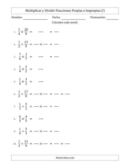 La hoja de ejercicios de Multiplicar y dividir fracciones propias e impropias y con alguna simplificación (Rellenable) (J)