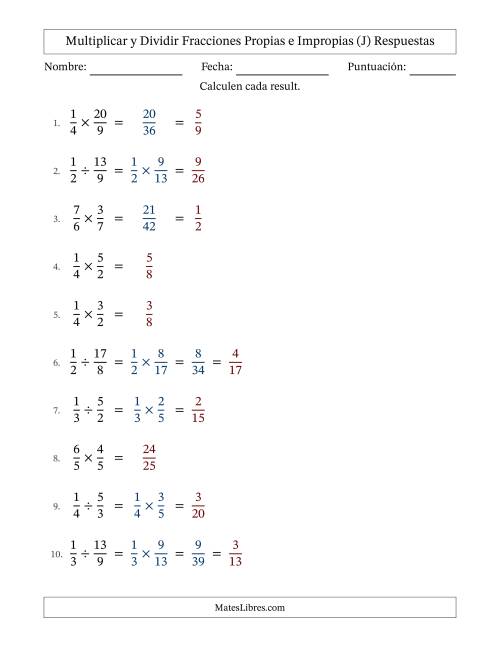 La hoja de ejercicios de Multiplicar y dividir fracciones propias e impropias y con alguna simplificación (Rellenable) (J) Página 2