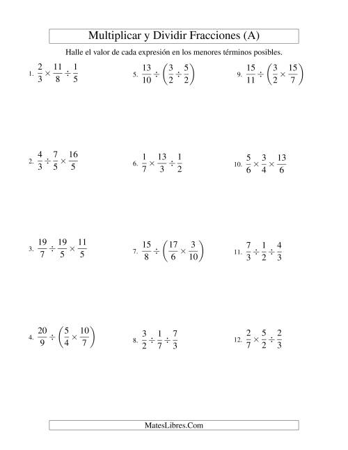 La hoja de ejercicios de Multiplicar y Dividir Tres Fracciones (A)
