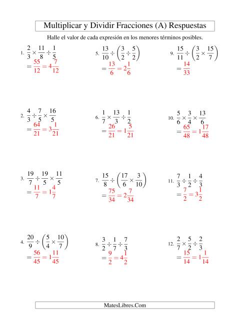 La hoja de ejercicios de Multiplicar y Dividir Tres Fracciones (A) Página 2