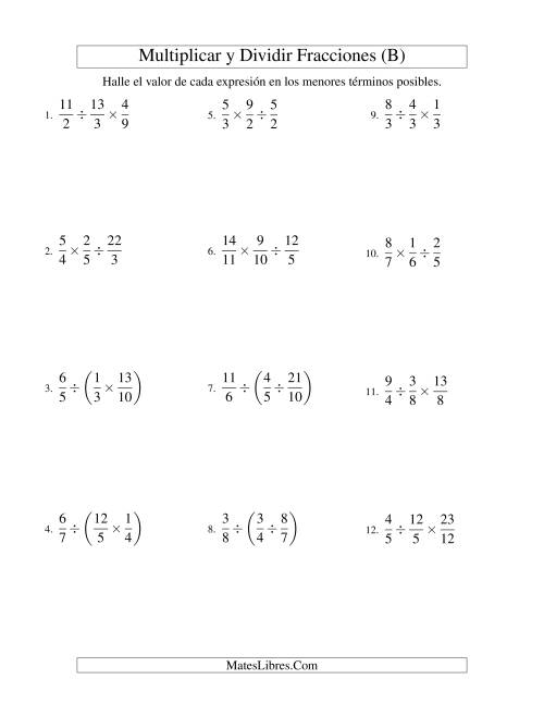 La hoja de ejercicios de Multiplicar y Dividir Tres Fracciones (B)