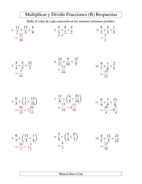 La hoja de ejercicios de Multiplicar y Dividir Tres Fracciones (B) Página 2