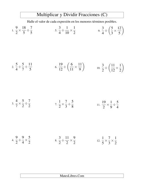 La hoja de ejercicios de Multiplicar y Dividir Tres Fracciones (C)