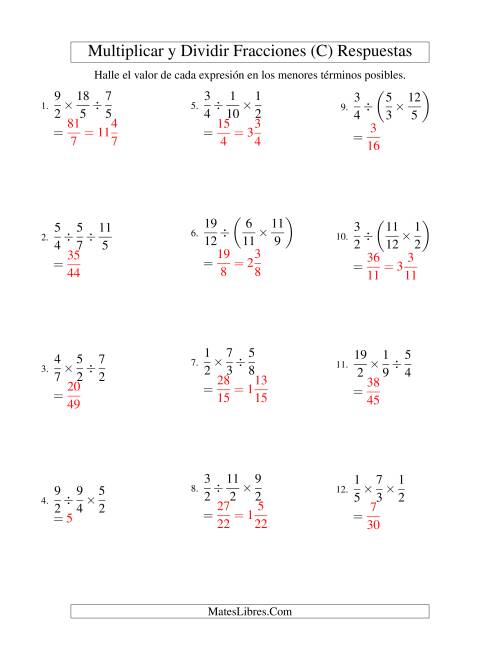 La hoja de ejercicios de Multiplicar y Dividir Tres Fracciones (C) Página 2