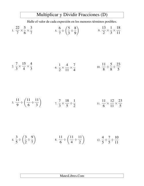 La hoja de ejercicios de Multiplicar y Dividir Tres Fracciones (D)