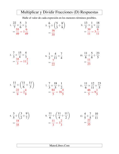 La hoja de ejercicios de Multiplicar y Dividir Tres Fracciones (D) Página 2