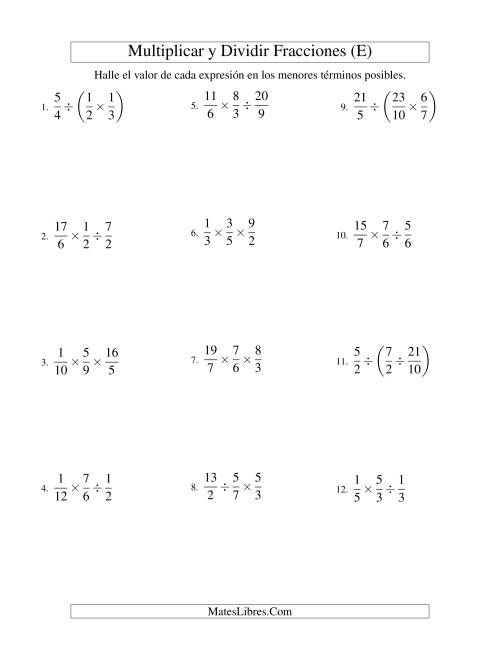 La hoja de ejercicios de Multiplicar y Dividir Tres Fracciones (E)