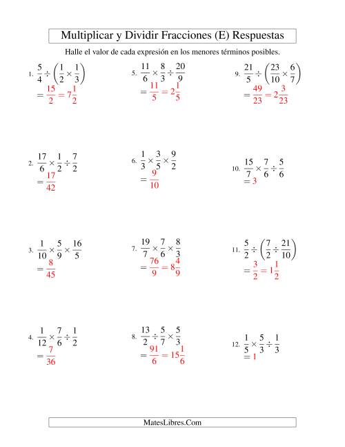 La hoja de ejercicios de Multiplicar y Dividir Tres Fracciones (E) Página 2