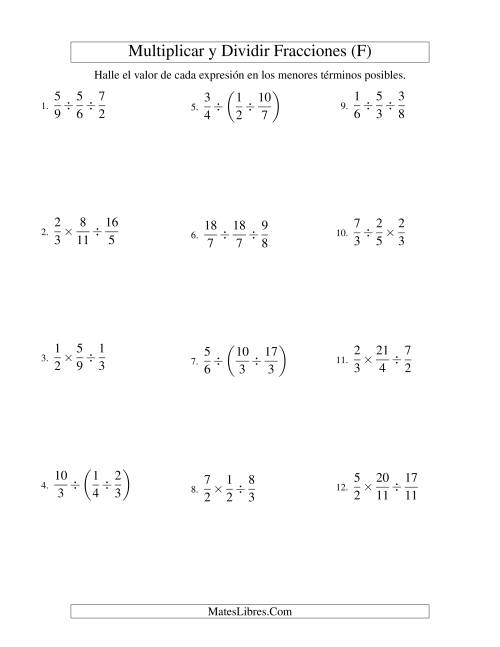 La hoja de ejercicios de Multiplicar y Dividir Tres Fracciones (F)