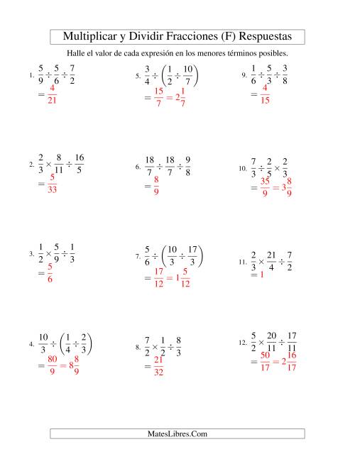 La hoja de ejercicios de Multiplicar y Dividir Tres Fracciones (F) Página 2