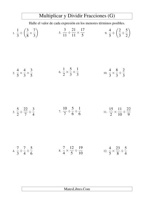 La hoja de ejercicios de Multiplicar y Dividir Tres Fracciones (G)