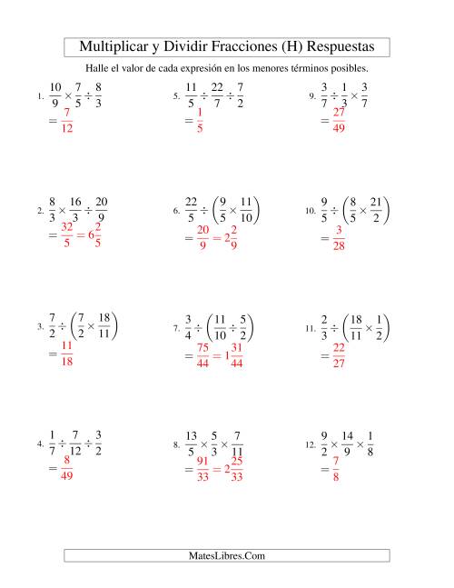 La hoja de ejercicios de Multiplicar y Dividir Tres Fracciones (H) Página 2