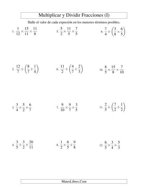 La hoja de ejercicios de Multiplicar y Dividir Tres Fracciones (I)