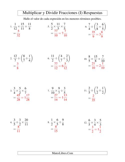 La hoja de ejercicios de Multiplicar y Dividir Tres Fracciones (I) Página 2