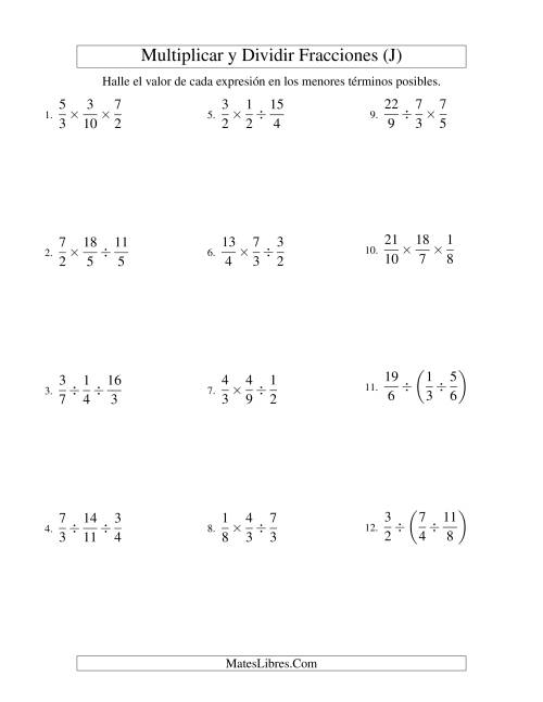 La hoja de ejercicios de Multiplicar y Dividir Tres Fracciones (J)