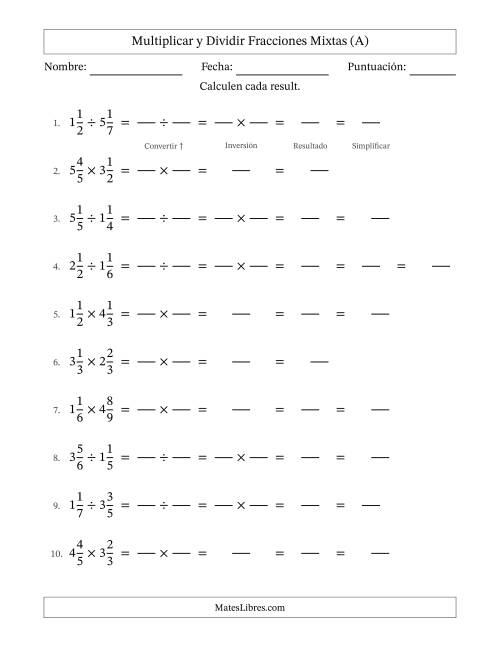 La hoja de ejercicios de Multiplicar y dividir Two fracciones mixtas y con alguna simplificación (Rellenable) (A)