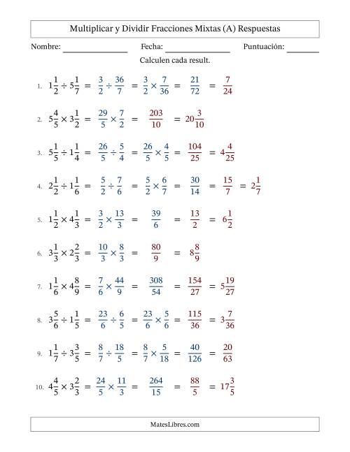 La hoja de ejercicios de Multiplicar y Dividir Fracciones Mixtas (A) Página 2