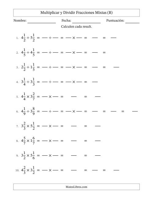 La hoja de ejercicios de Multiplicar y dividir Two fracciones mixtas y con alguna simplificación (Rellenable) (B)