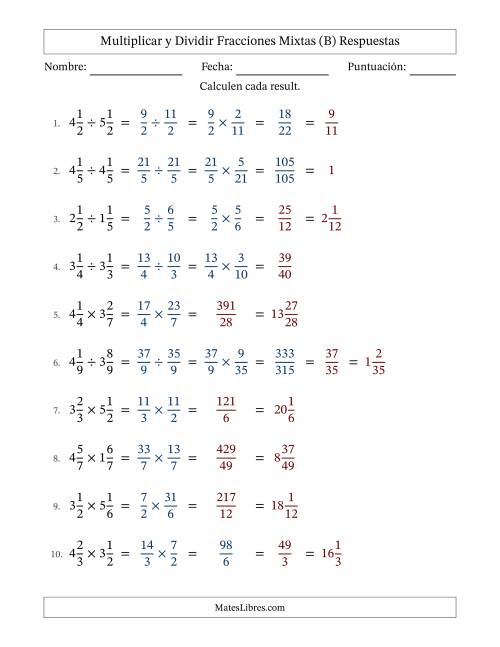 La hoja de ejercicios de Multiplicar y dividir Two fracciones mixtas y con alguna simplificación (Rellenable) (B) Página 2