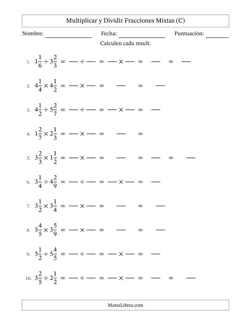 La hoja de ejercicios de Multiplicar y dividir Two fracciones mixtas y con alguna simplificación (Rellenable) (C)