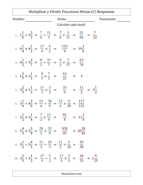 La hoja de ejercicios de Multiplicar y dividir Two fracciones mixtas y con alguna simplificación (Rellenable) (C) Página 2