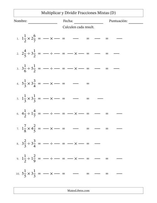La hoja de ejercicios de Multiplicar y dividir Two fracciones mixtas y con alguna simplificación (Rellenable) (D)