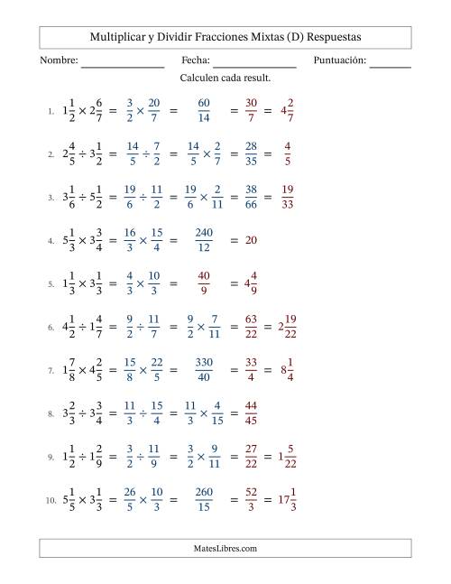 La hoja de ejercicios de Multiplicar y dividir Two fracciones mixtas y con alguna simplificación (Rellenable) (D) Página 2