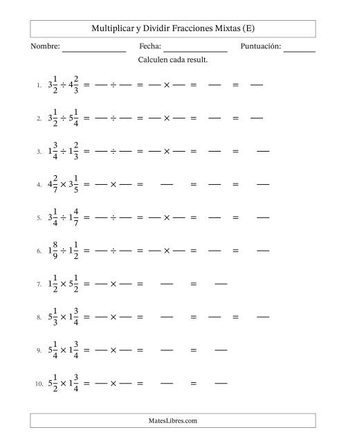 La hoja de ejercicios de Multiplicar y dividir Two fracciones mixtas y con alguna simplificación (Rellenable) (E)
