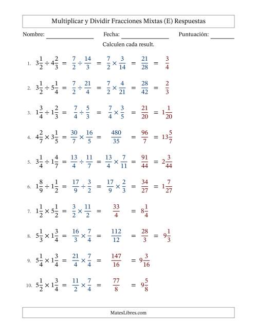 La hoja de ejercicios de Multiplicar y dividir Two fracciones mixtas y con alguna simplificación (Rellenable) (E) Página 2