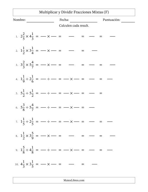 La hoja de ejercicios de Multiplicar y dividir Two fracciones mixtas y con alguna simplificación (Rellenable) (F)
