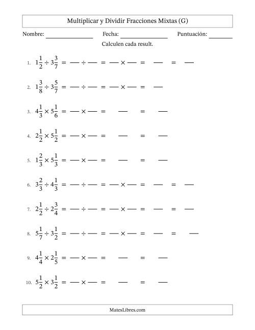 La hoja de ejercicios de Multiplicar y dividir Two fracciones mixtas y con alguna simplificación (Rellenable) (G)