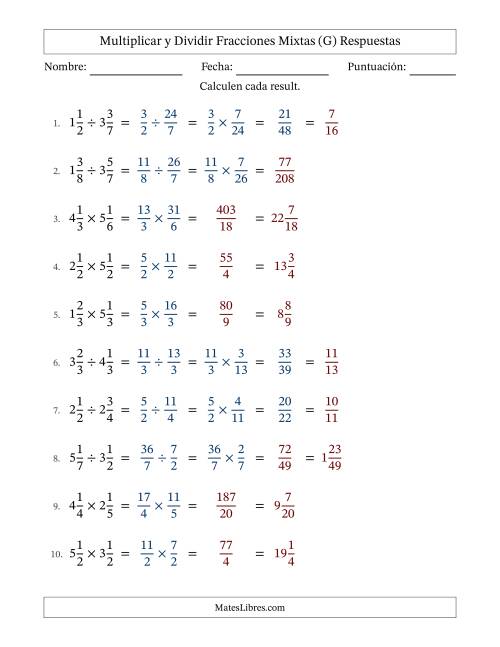 La hoja de ejercicios de Multiplicar y dividir Two fracciones mixtas y con alguna simplificación (Rellenable) (G) Página 2