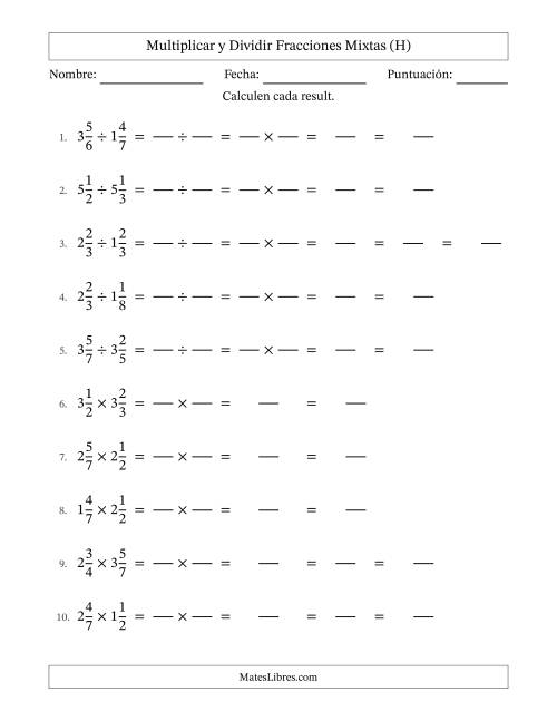 La hoja de ejercicios de Multiplicar y dividir Two fracciones mixtas y con alguna simplificación (Rellenable) (H)
