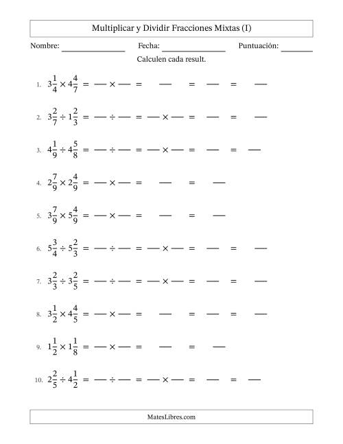 La hoja de ejercicios de Multiplicar y dividir Two fracciones mixtas y con alguna simplificación (Rellenable) (I)