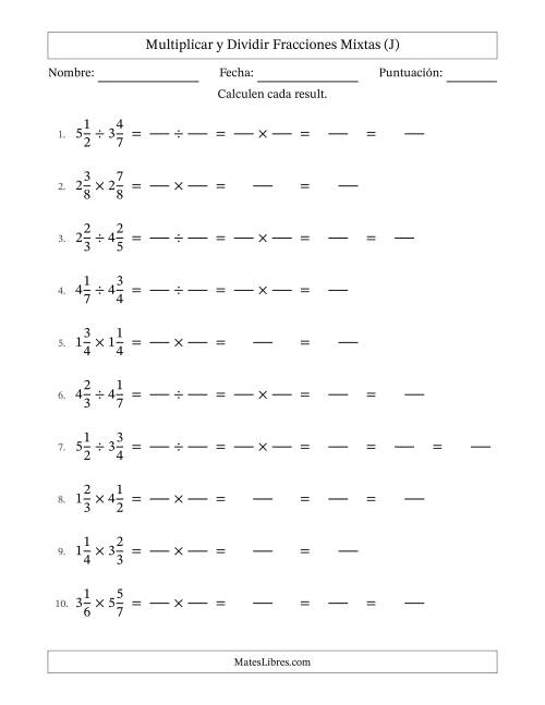 La hoja de ejercicios de Multiplicar y dividir Two fracciones mixtas y con alguna simplificación (Rellenable) (J)