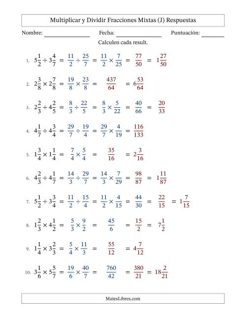 La hoja de ejercicios de Multiplicar y dividir Two fracciones mixtas y con alguna simplificación (Rellenable) (J) Página 2