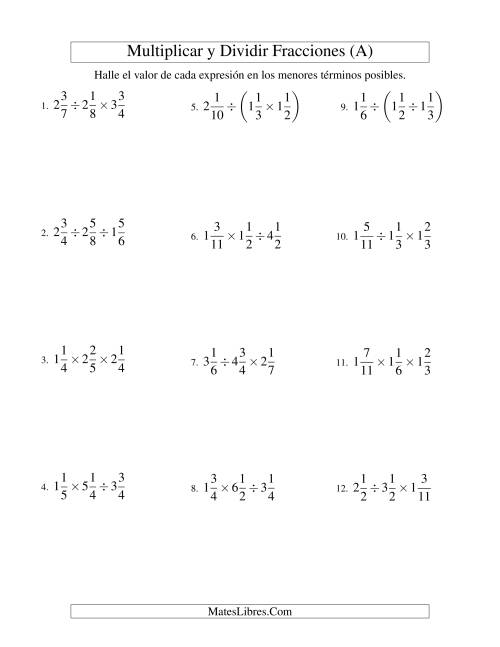 La hoja de ejercicios de Multiplicar y Dividir Tres Fracciones Mixtas (A)