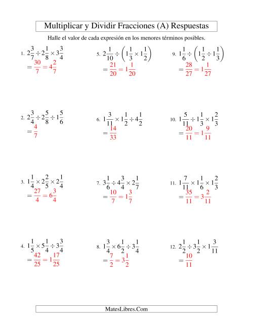 La hoja de ejercicios de Multiplicar y Dividir Tres Fracciones Mixtas (A) Página 2