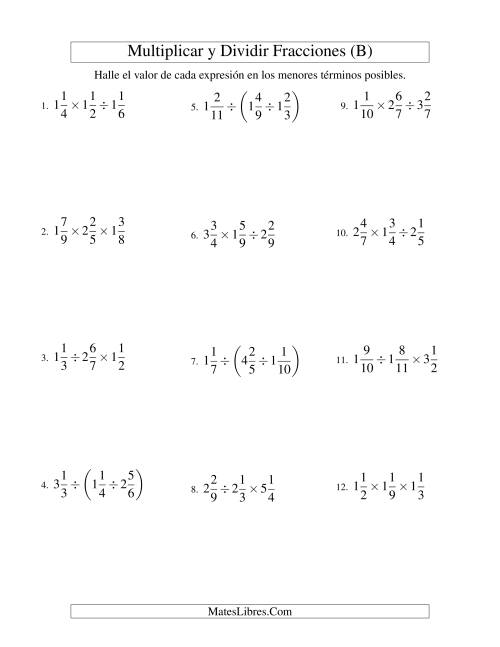 La hoja de ejercicios de Multiplicar y Dividir Tres Fracciones Mixtas (B)