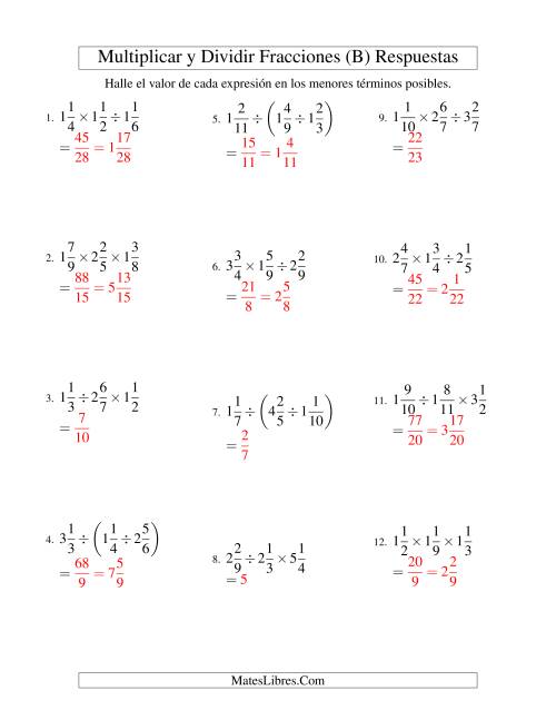 La hoja de ejercicios de Multiplicar y Dividir Tres Fracciones Mixtas (B) Página 2