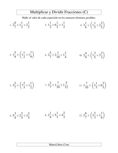La hoja de ejercicios de Multiplicar y Dividir Tres Fracciones Mixtas (C)