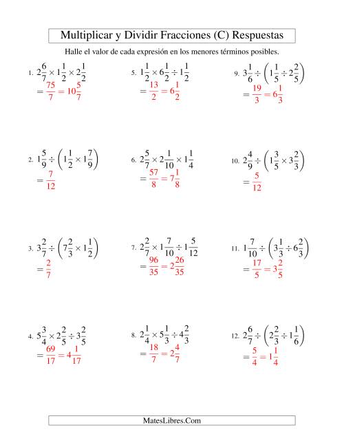 La hoja de ejercicios de Multiplicar y Dividir Tres Fracciones Mixtas (C) Página 2