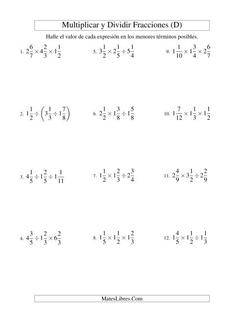 La hoja de ejercicios de Multiplicar y Dividir Tres Fracciones Mixtas (D)