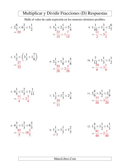 La hoja de ejercicios de Multiplicar y Dividir Tres Fracciones Mixtas (D) Página 2