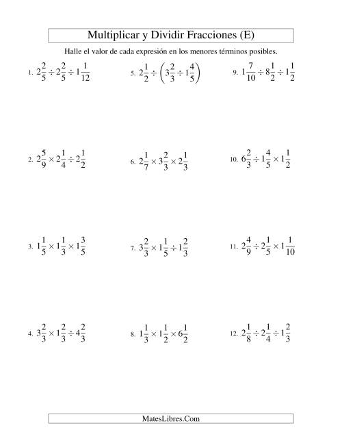 La hoja de ejercicios de Multiplicar y Dividir Tres Fracciones Mixtas (E)