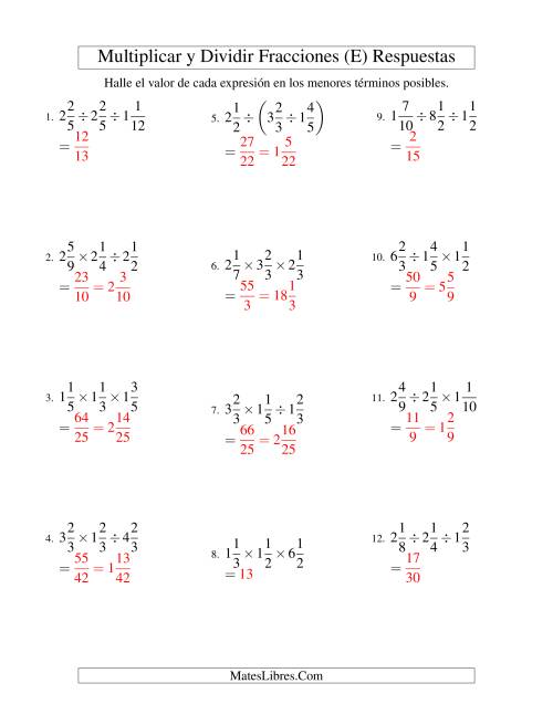 La hoja de ejercicios de Multiplicar y Dividir Tres Fracciones Mixtas (E) Página 2