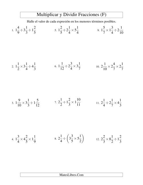 La hoja de ejercicios de Multiplicar y Dividir Tres Fracciones Mixtas (F)
